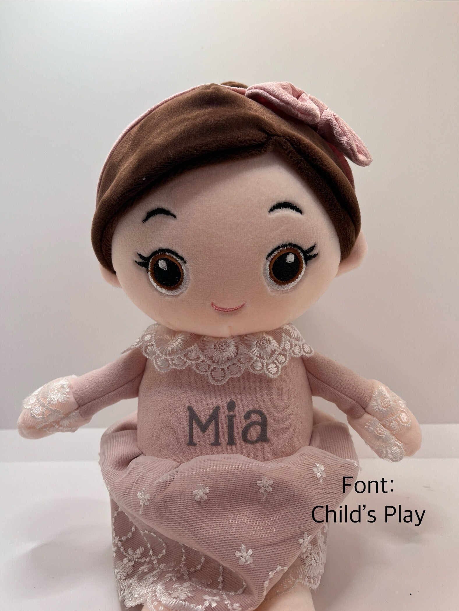 Personalised doll plush princess teddy baby doll name on dress lace child birthday Xmas super soft squishy brunette doll nursery decor gift