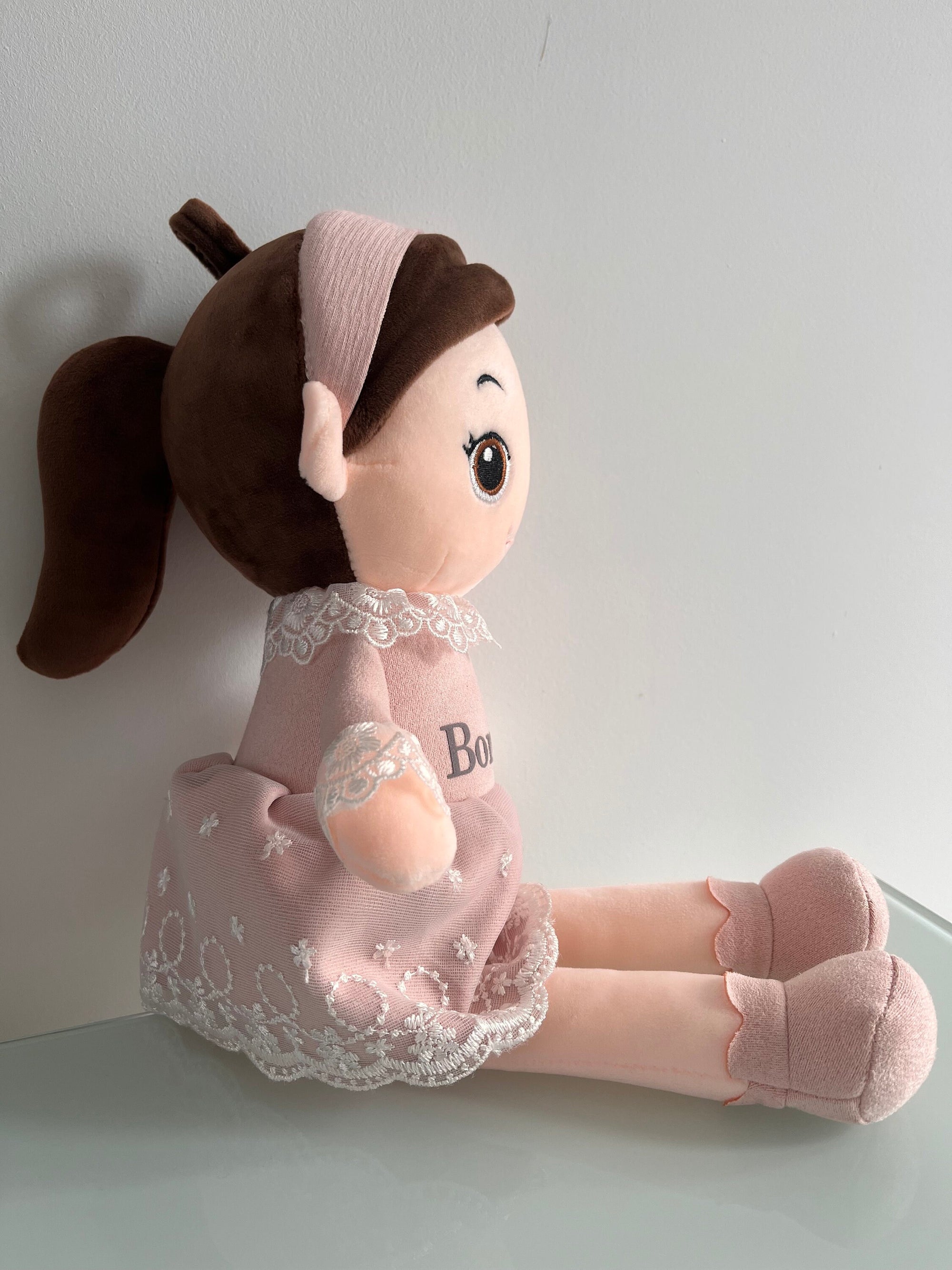 Personalised doll plush princess teddy baby doll name on dress lace child birthday Xmas super soft squishy brunette doll nursery decor gift