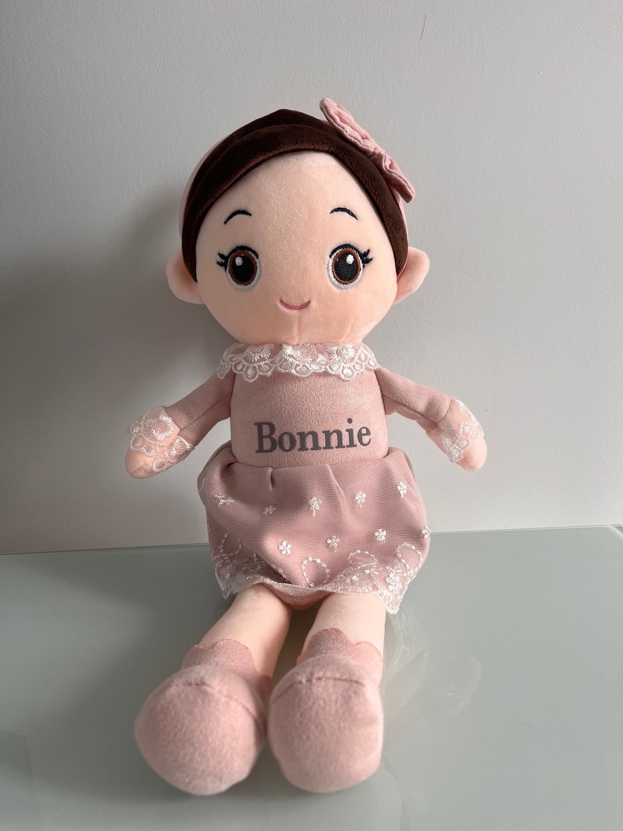 Personalised doll plush princess teddy baby doll name on dress lace child birthday Xmas super soft squishy brunette doll nursery decor gift