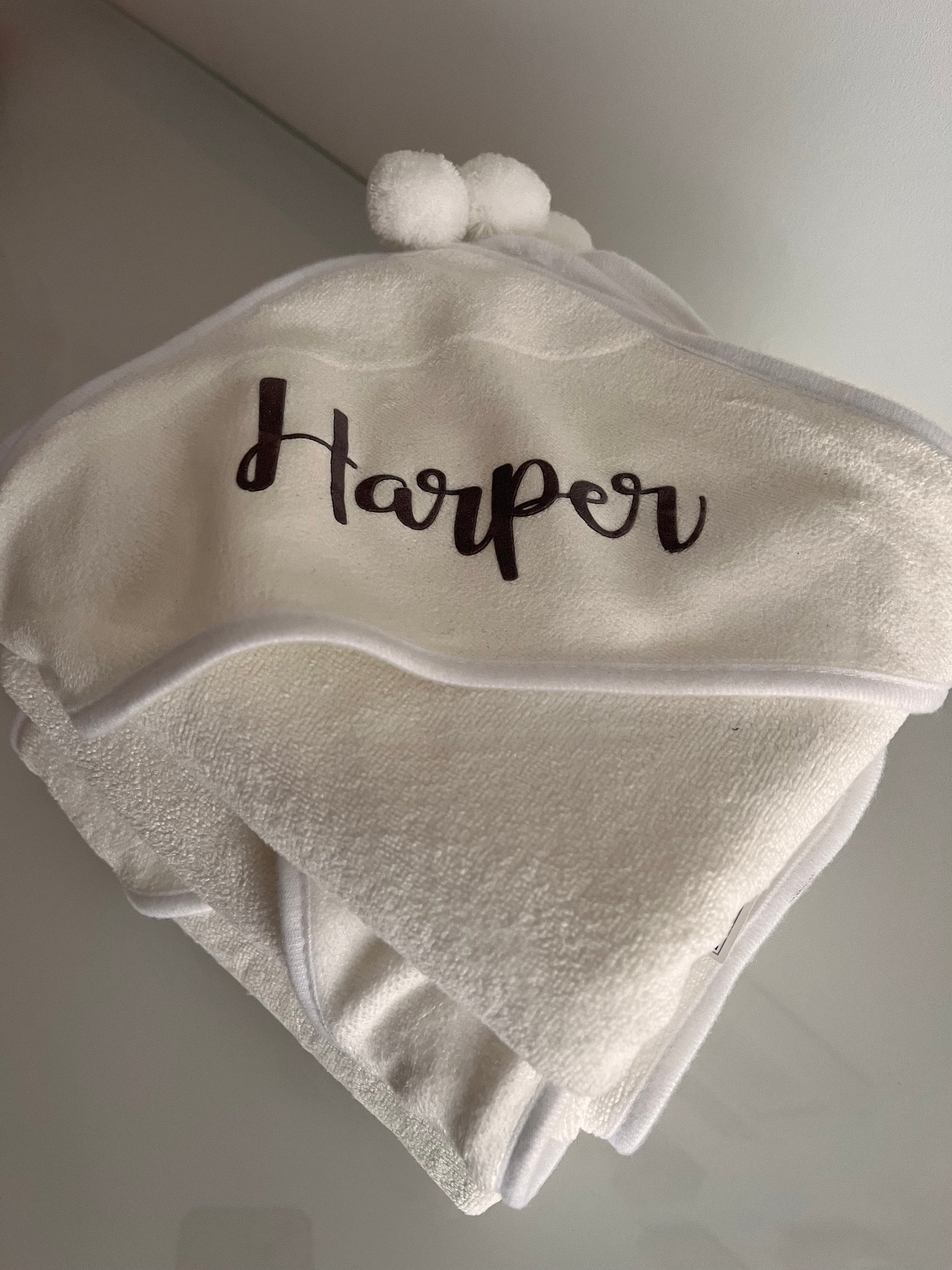 Personalised hooded baby towel super soft microfibre bathtowel pompoms square quick dry white grey name new born gift birthday Xmas under 1