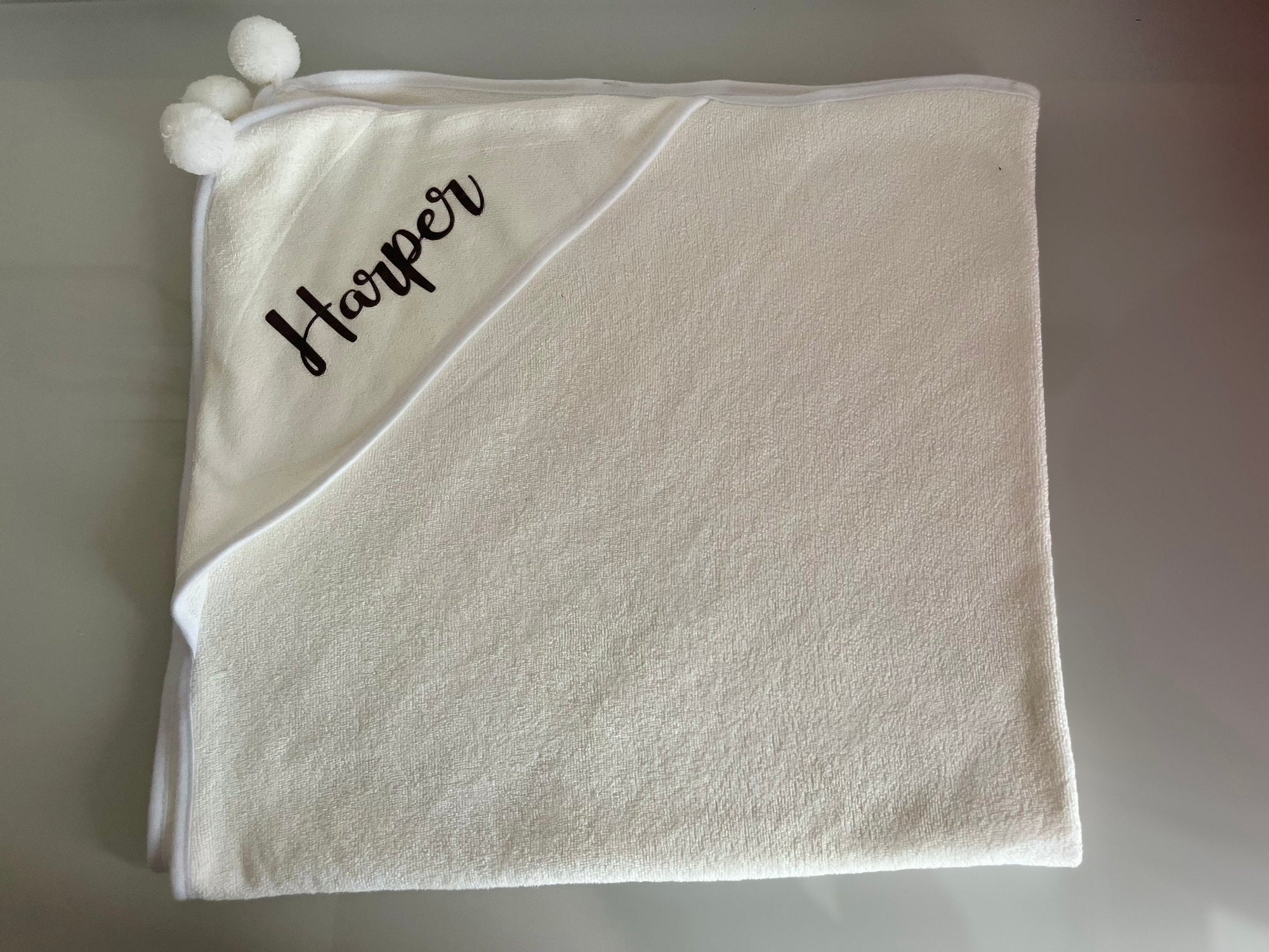 Personalised hooded baby towel super soft microfibre bathtowel pompoms square quick dry white grey name new born gift birthday Xmas under 1