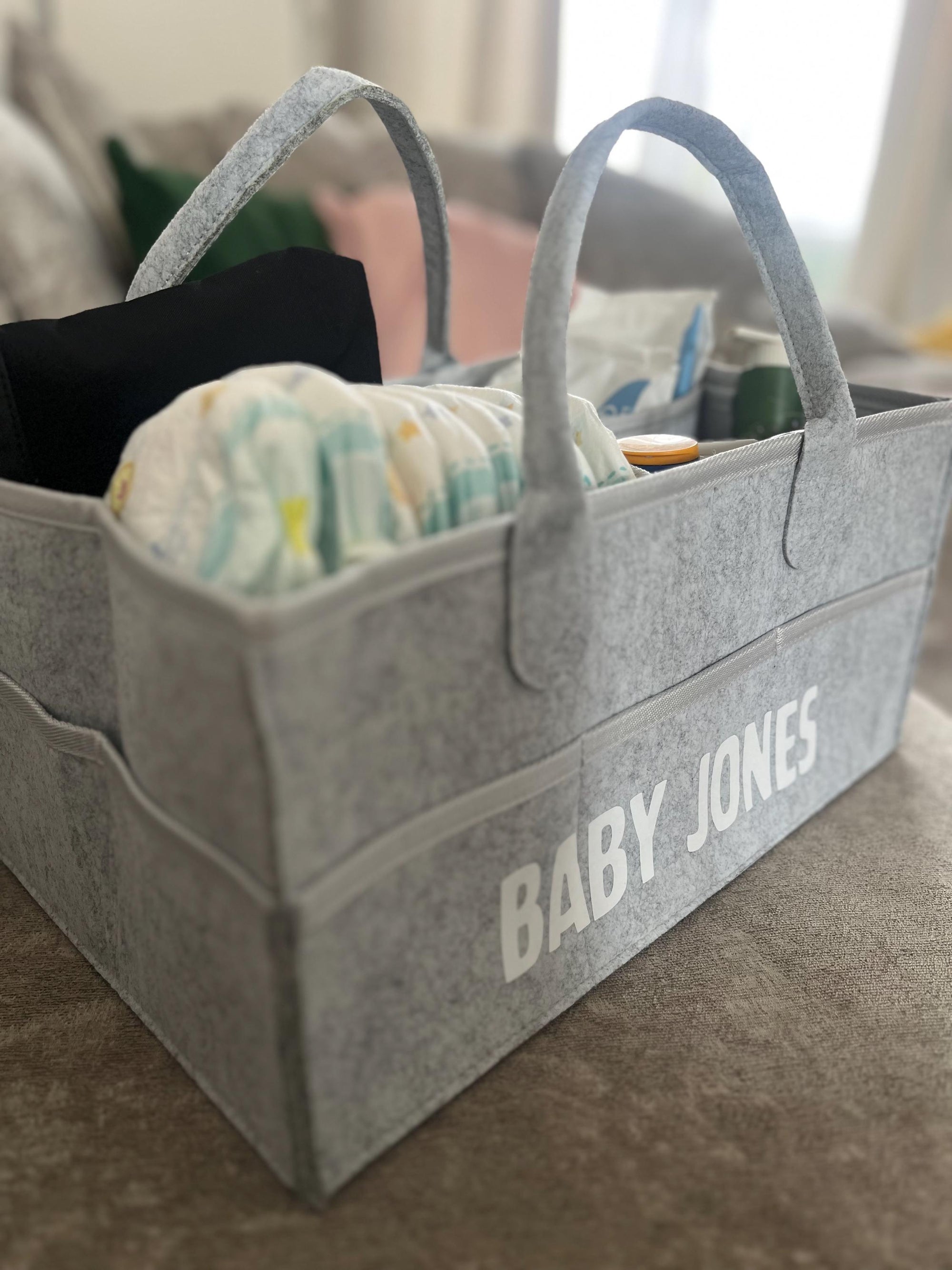 Personalised Nappy Caddy – Custom Baby Name Diaper Caddy – Felt Nursery Organiser in Brown or Grey – New Baby Gift – Baby Shower Gift Basket