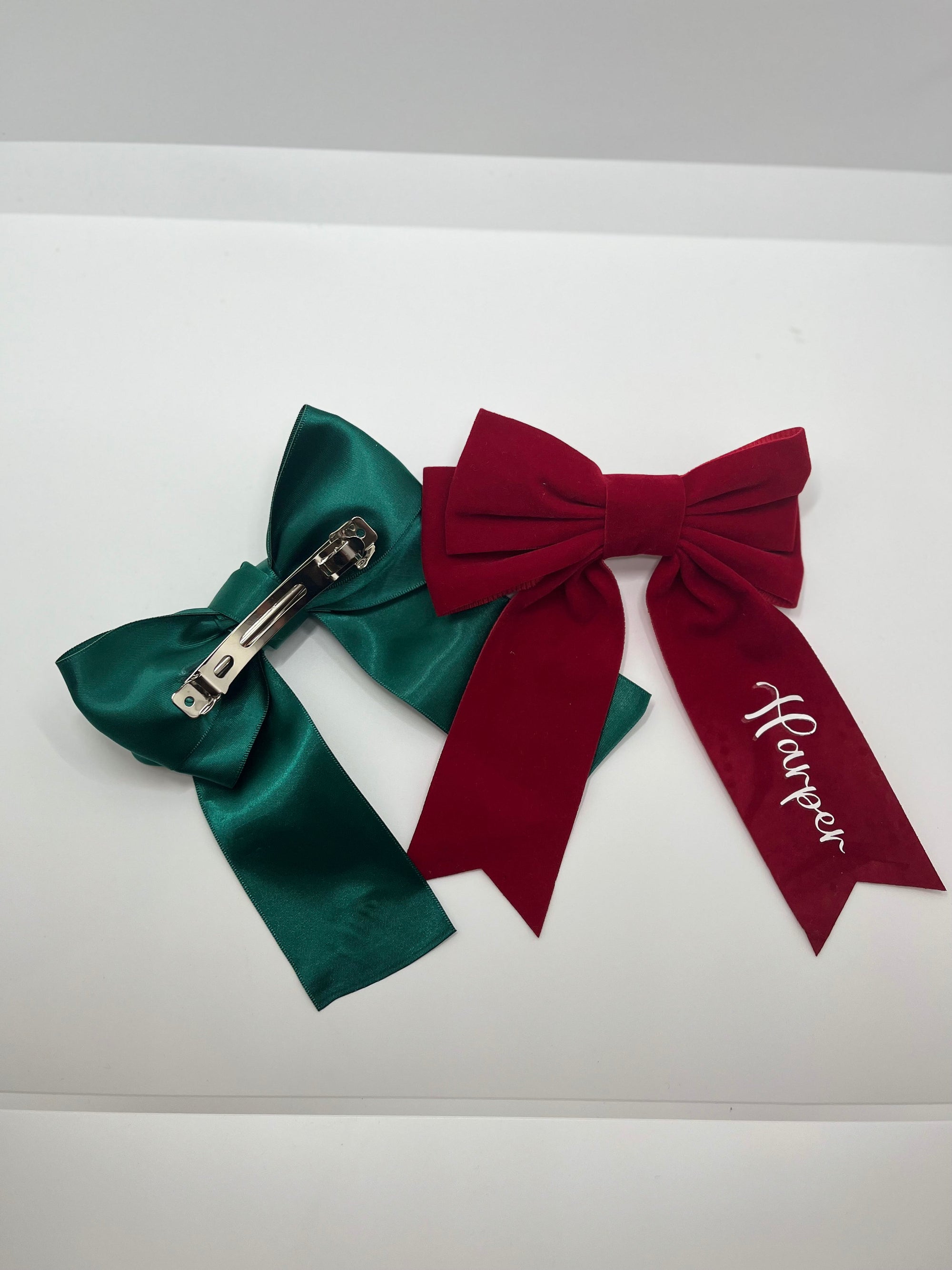 Personalised hair bow clip with name initials custom satin bow velvet ribbon hair clip bow festive birthday Xmas Christmas gift for child