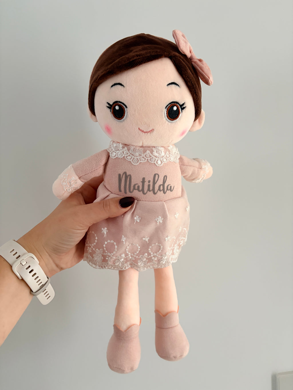 Personalised doll plush princess teddy baby doll name on dress lace child birthday Xmas super soft squishy brunette doll nursery decor gift