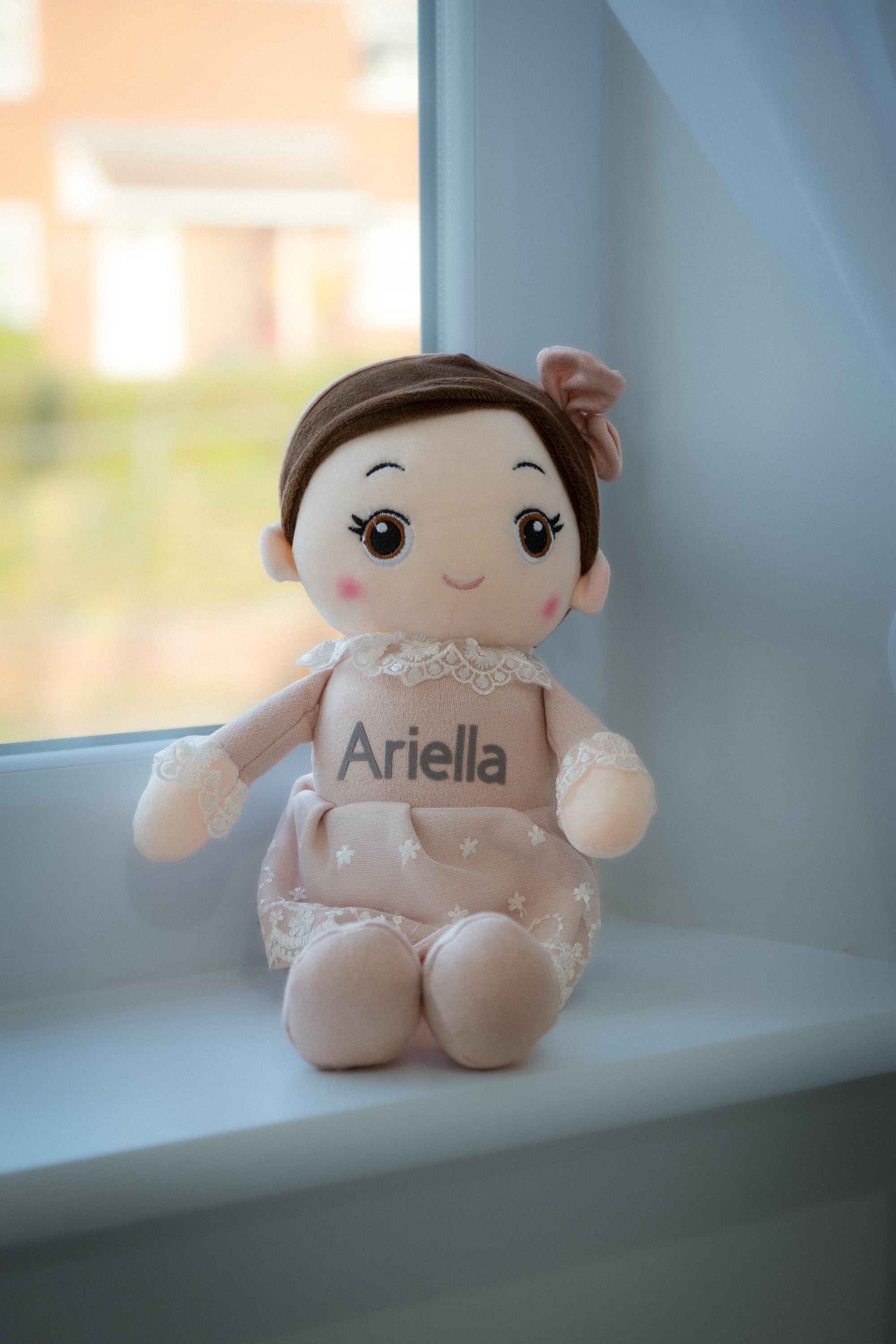 Personalised doll plush princess teddy baby doll name on dress lace child birthday Xmas super soft squishy brunette doll nursery decor gift