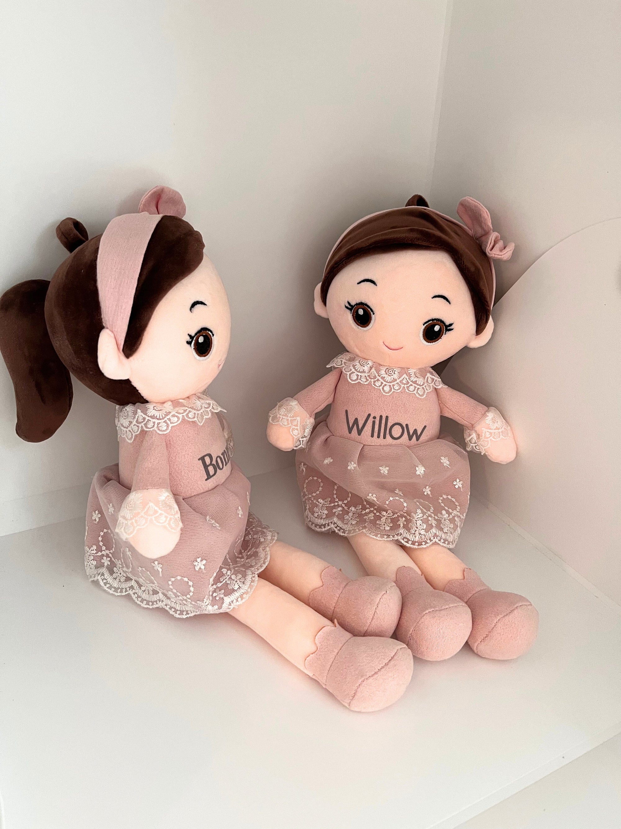 Personalised doll plush princess teddy baby doll name on dress lace child birthday Xmas super soft squishy brunette doll nursery decor gift
