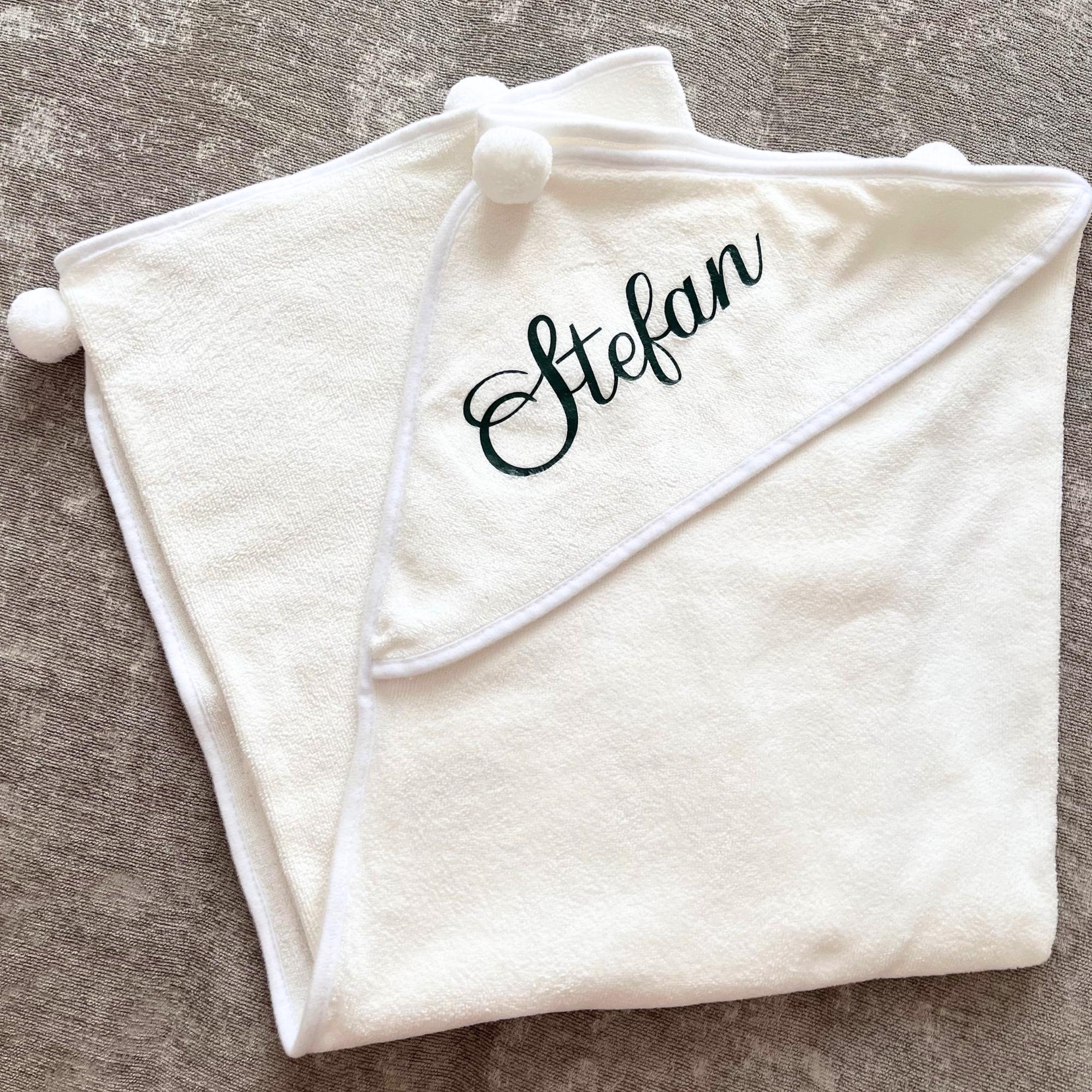 Personalised hooded baby towel super soft microfibre bathtowel pompoms square quick dry white grey name new born gift birthday Xmas under 1