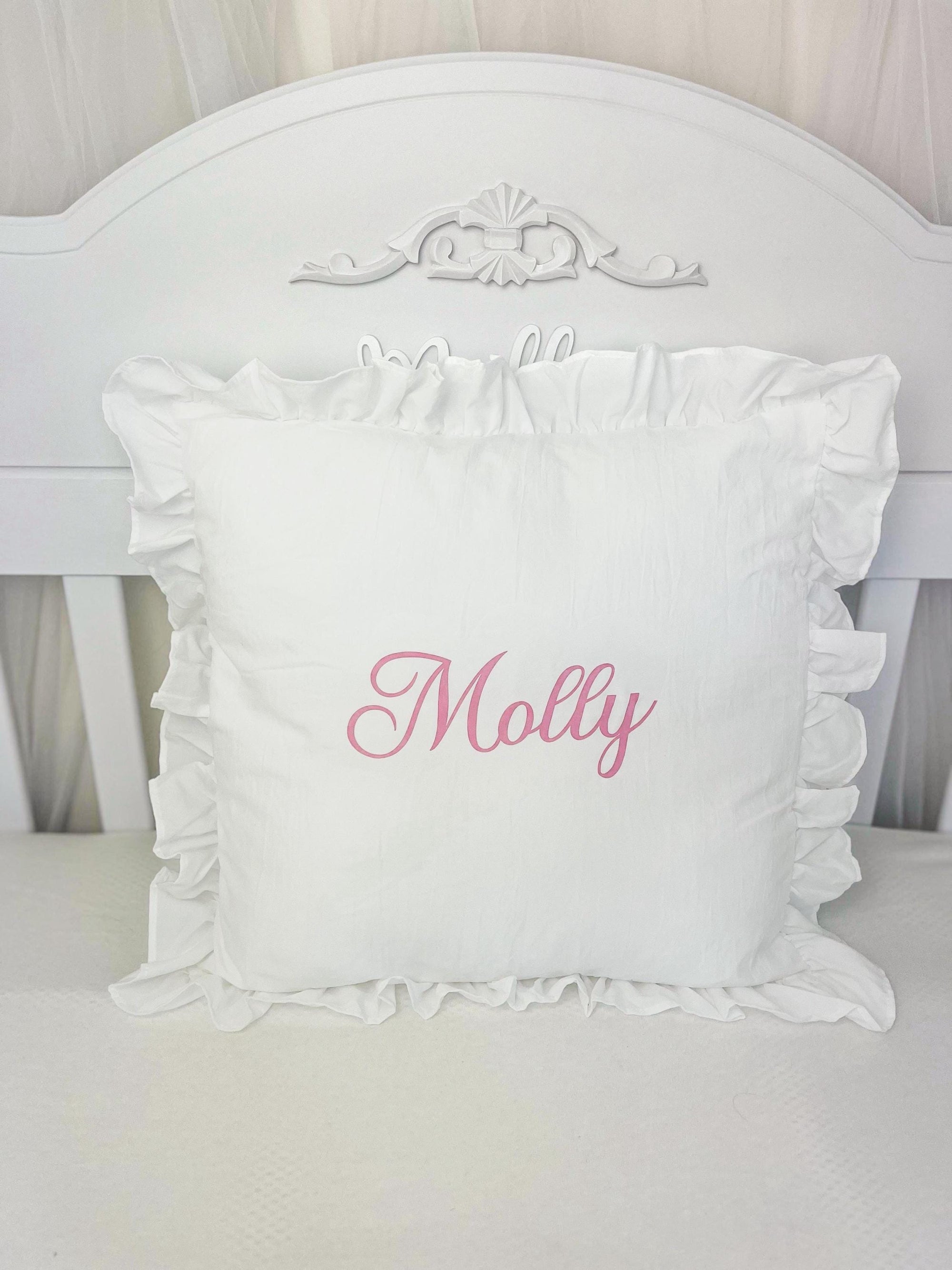 Personalised Baby Name Cushion with Frill Edge – Custom Nursery Pillow – Monogram Cushion Cover – Baby Shower Gift personalised cushion cove