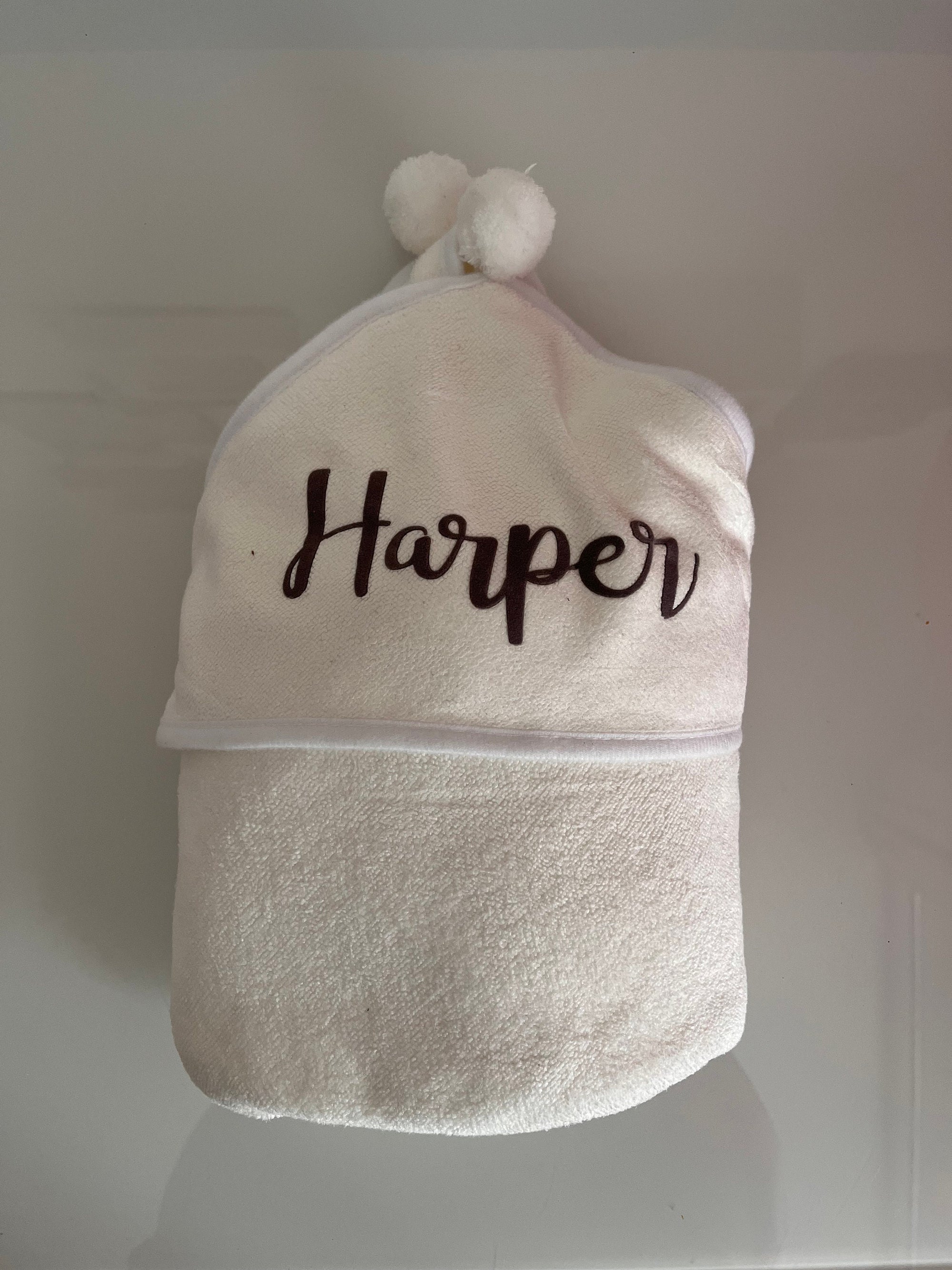 Personalised hooded baby towel super soft microfibre bathtowel pompoms square quick dry white grey name new born gift birthday Xmas under 1