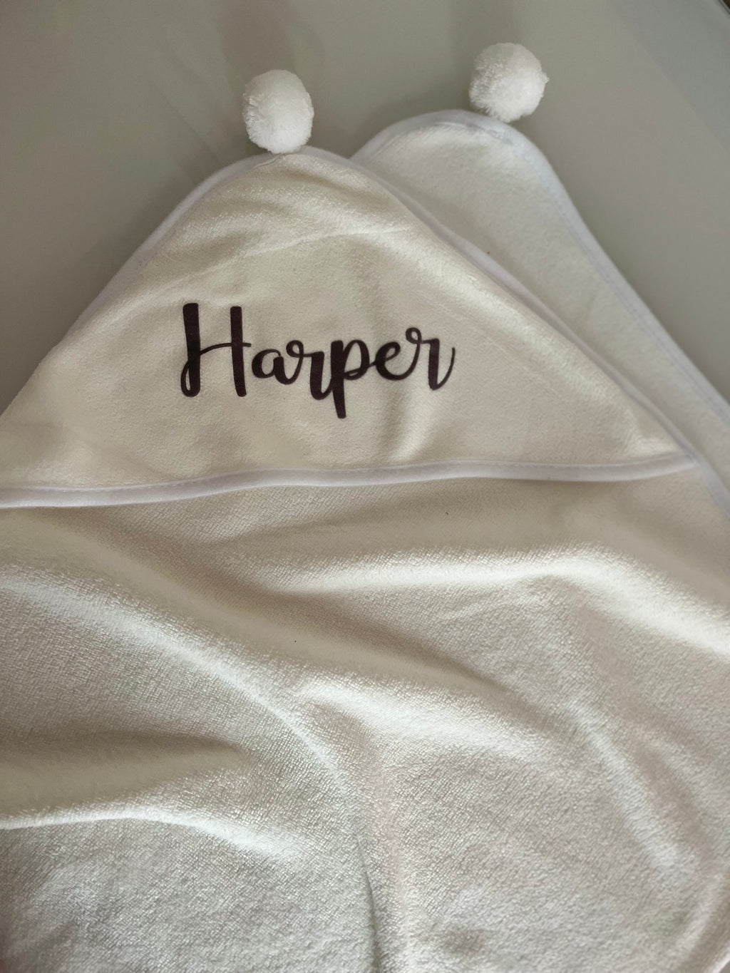 Personalised hooded baby towel super soft microfibre bathtowel pompoms square quick dry white grey name new born gift birthday Xmas under 1