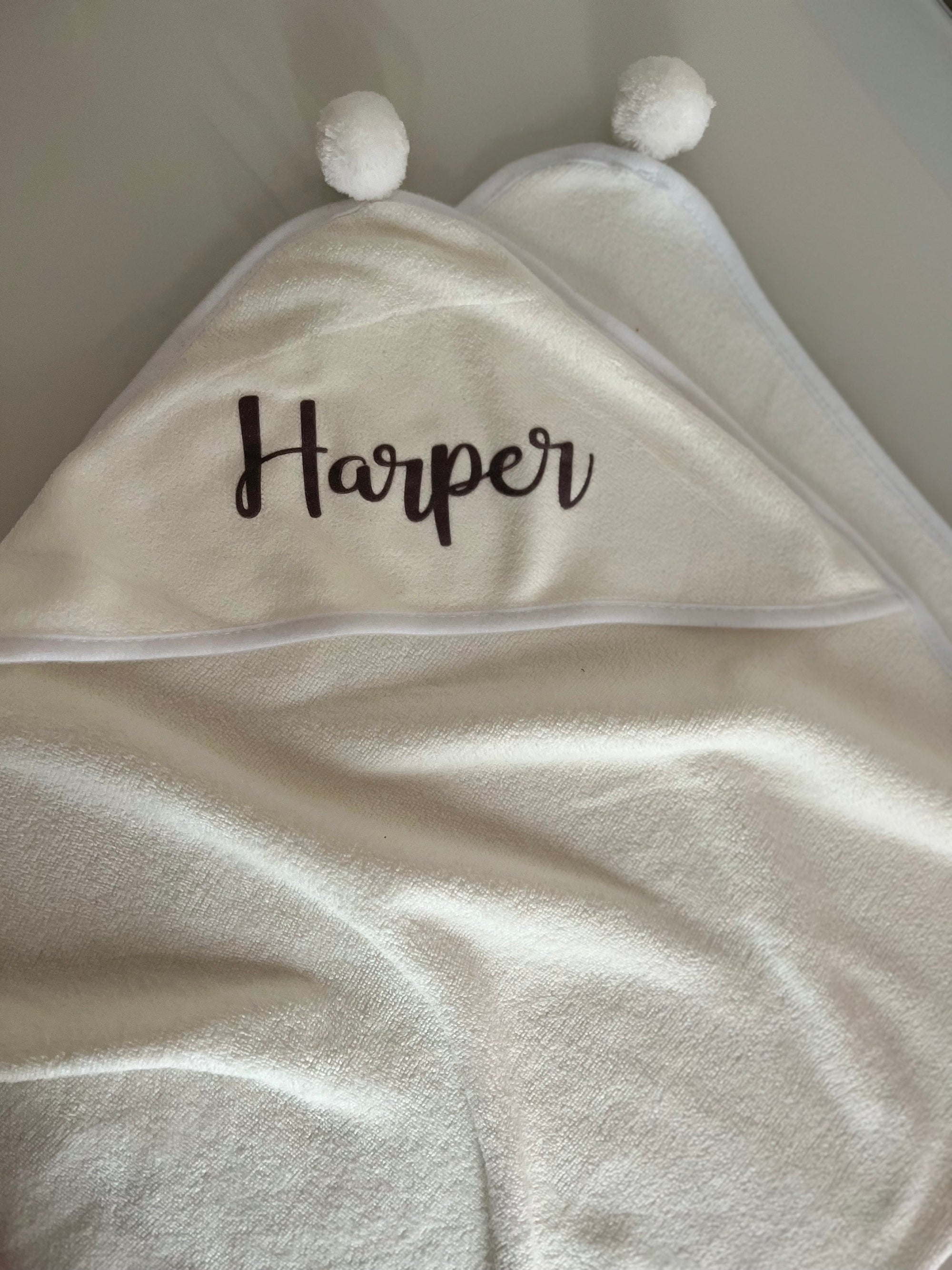 Personalised hooded baby towel super soft microfibre bathtowel pompoms square quick dry white grey name new born gift birthday Xmas under 1
