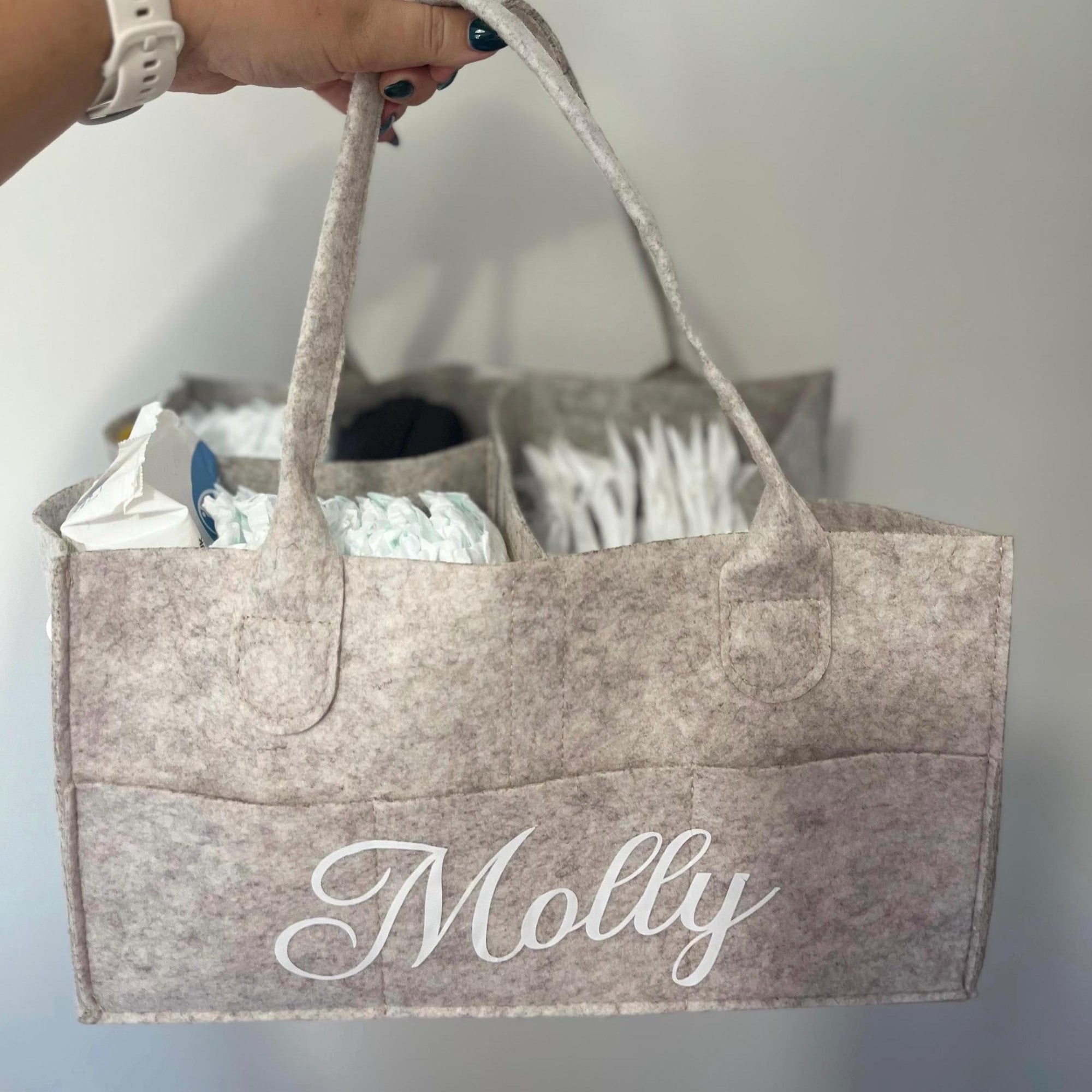 Personalised Nappy Caddy – Custom Baby Name Diaper Caddy – Felt Nursery Organiser in Brown or Grey – New Baby Gift – Baby Shower Gift Basket